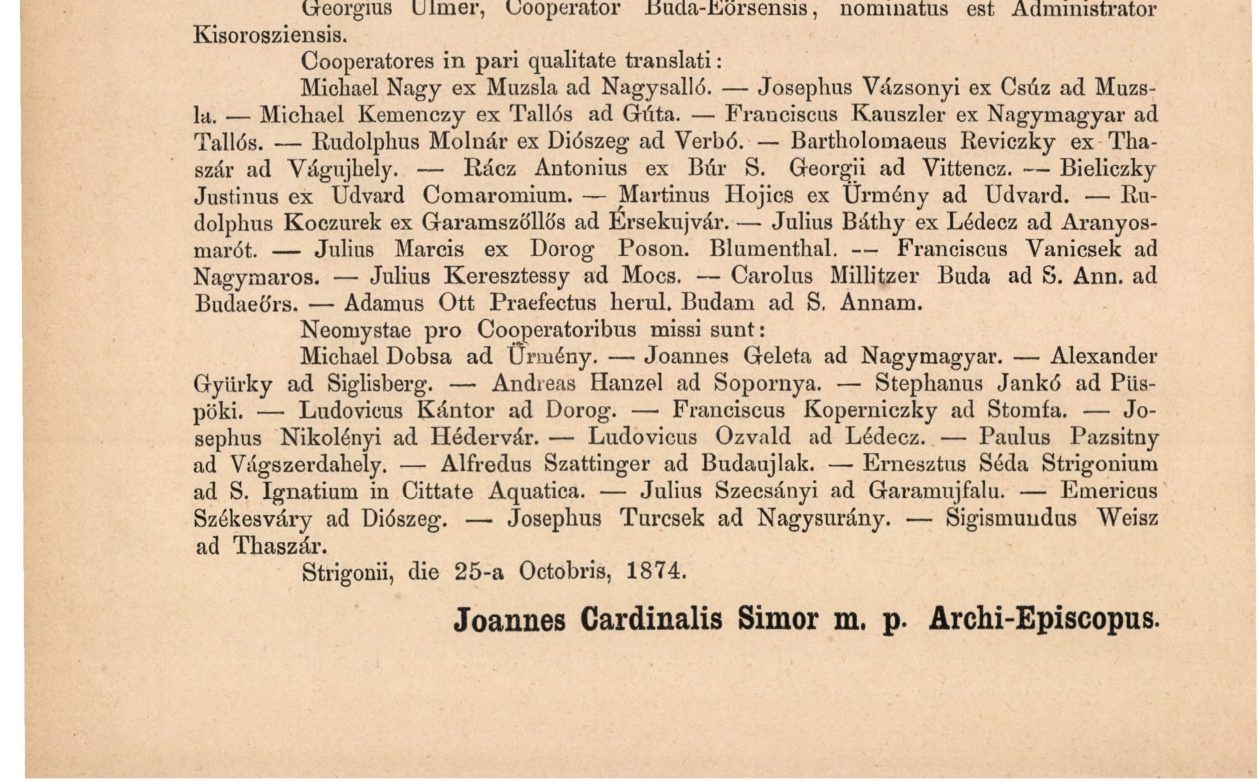 Circulares Esztergom 1874: Neomystae pro Cooperatoribus missi sunt, Alfredus Szattinger ad Budaujlak