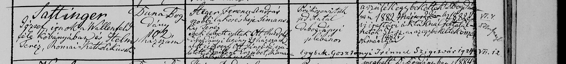 Taufbuch Dunabogdány 1884: Sattinger József, írnok a Wallenfeld-féle kőbányában és Helm Teréz