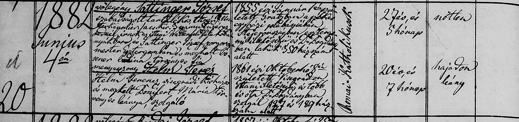 Trauungsbuch Dunabogdány 1882, Nr. 20: Sattinger József und Helm Teréz, linke Seite
