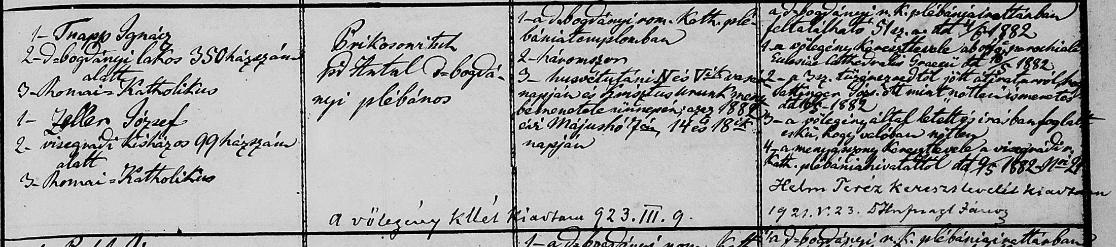 Trauungsbuch Dunabogdány 1882, Nr. 20: Zeugen, Verkündigung, Anmerkungen