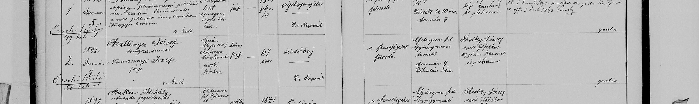 Sterbebuch Esztergom-Vártemplom 1892, Nr. 2: Szattinger József zongora tanító