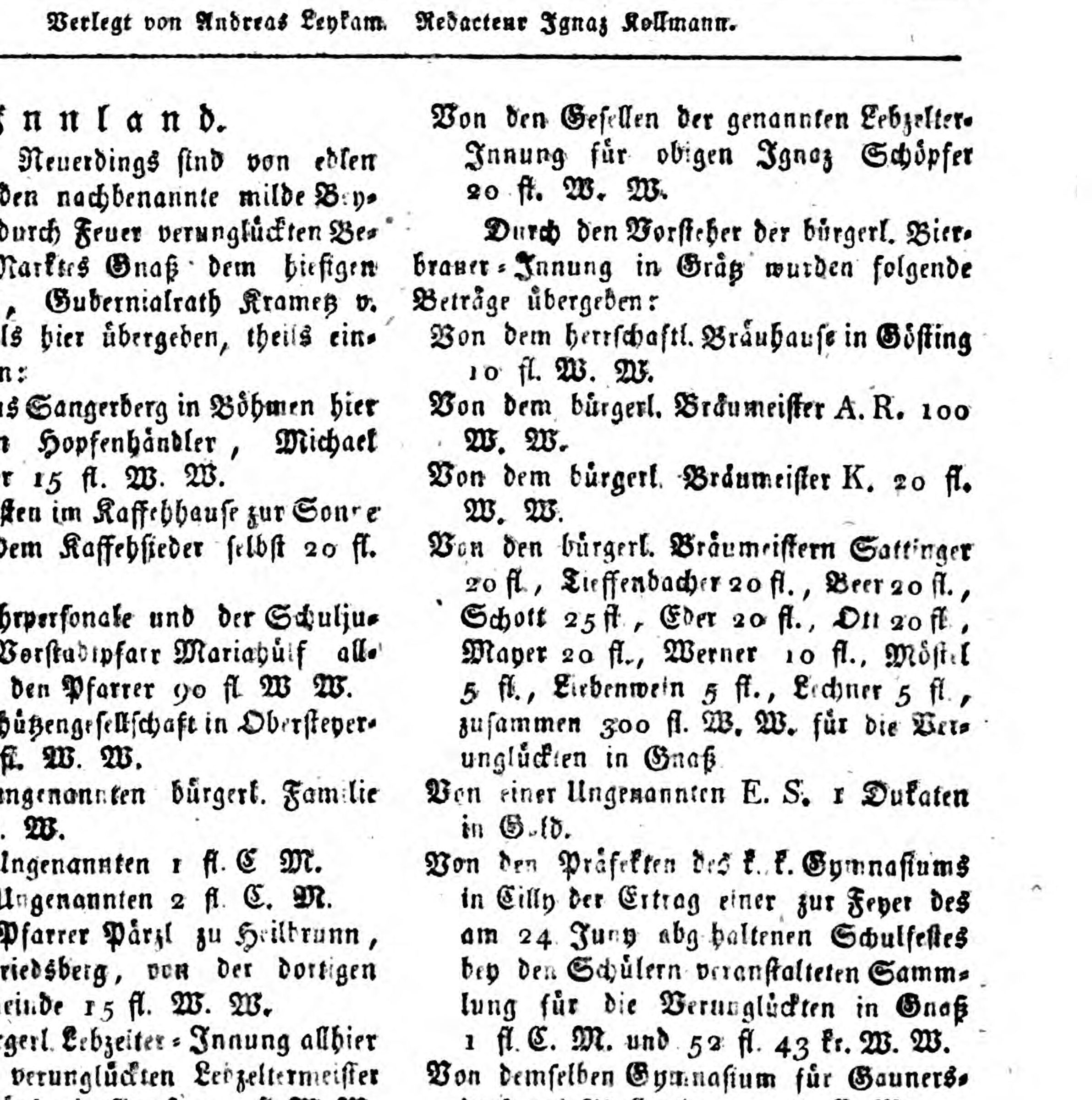 Grazer Zeitung 1822: Spendenliste der bürgerlichen Bierbrauer-Innung, Sattinger 20 fl.