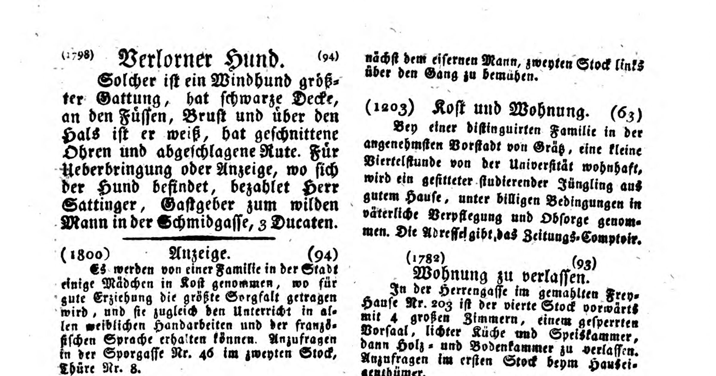 Grazer Zeitung 1828: Verlorner Hund, Herr Sattinger, Gastgeber zum wilden Mann in der Schmidgasse