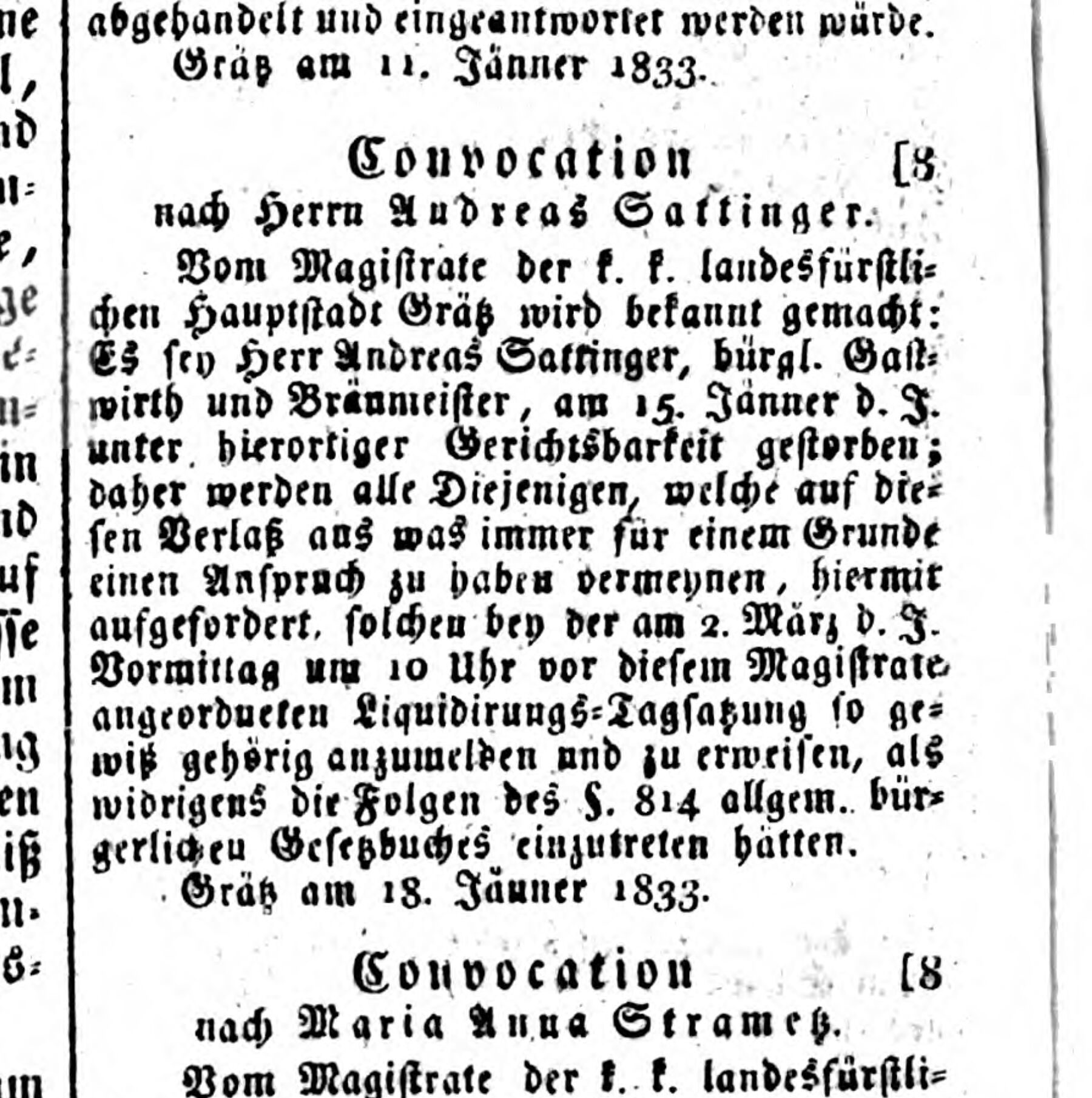 Grazer Zeitung 1833: Convocation nach Herrn Andreas Sattinger