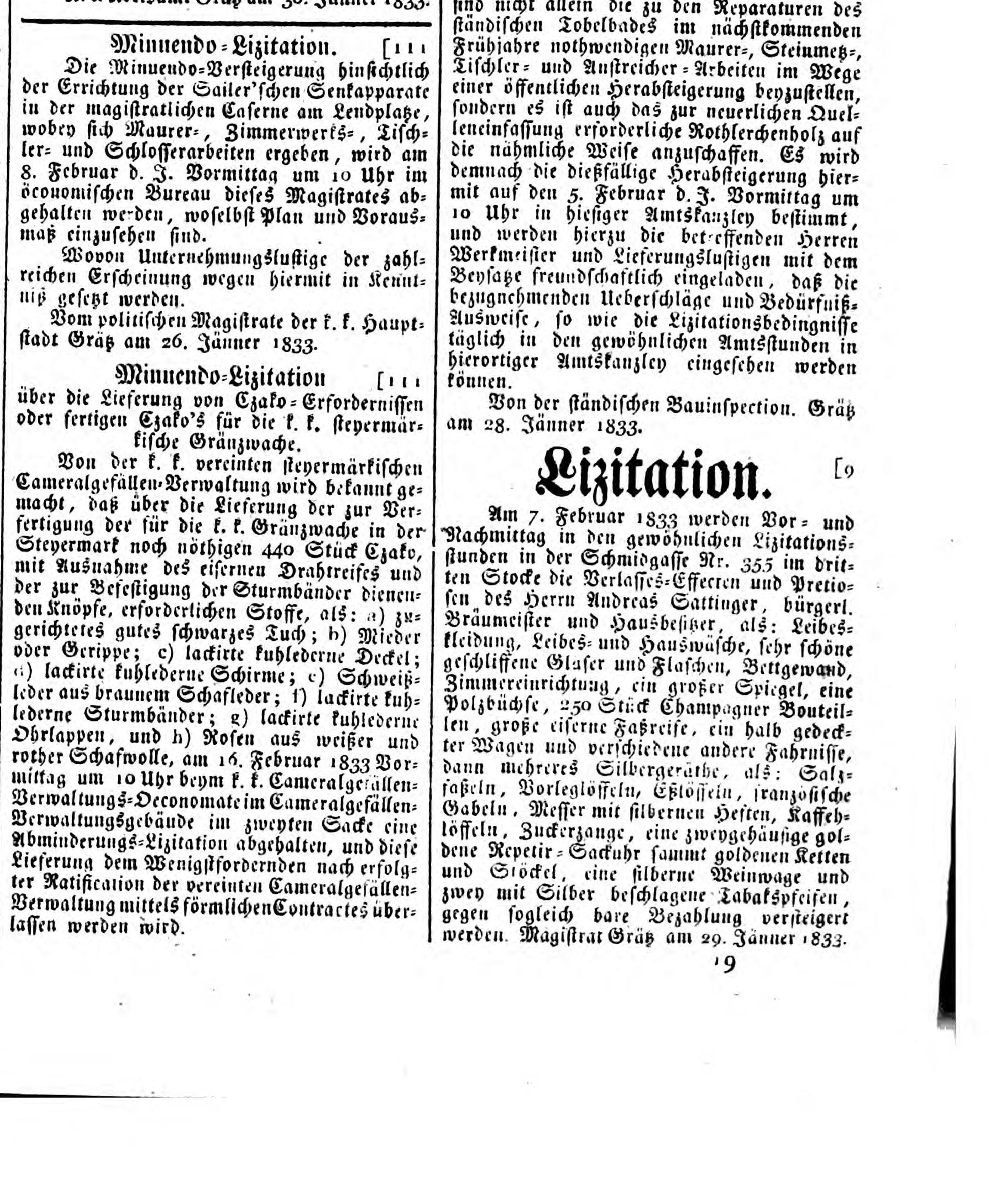 Grazer Zeitung 1833: Lizitation der Verlass-Effecten des Andreas Sattinger
