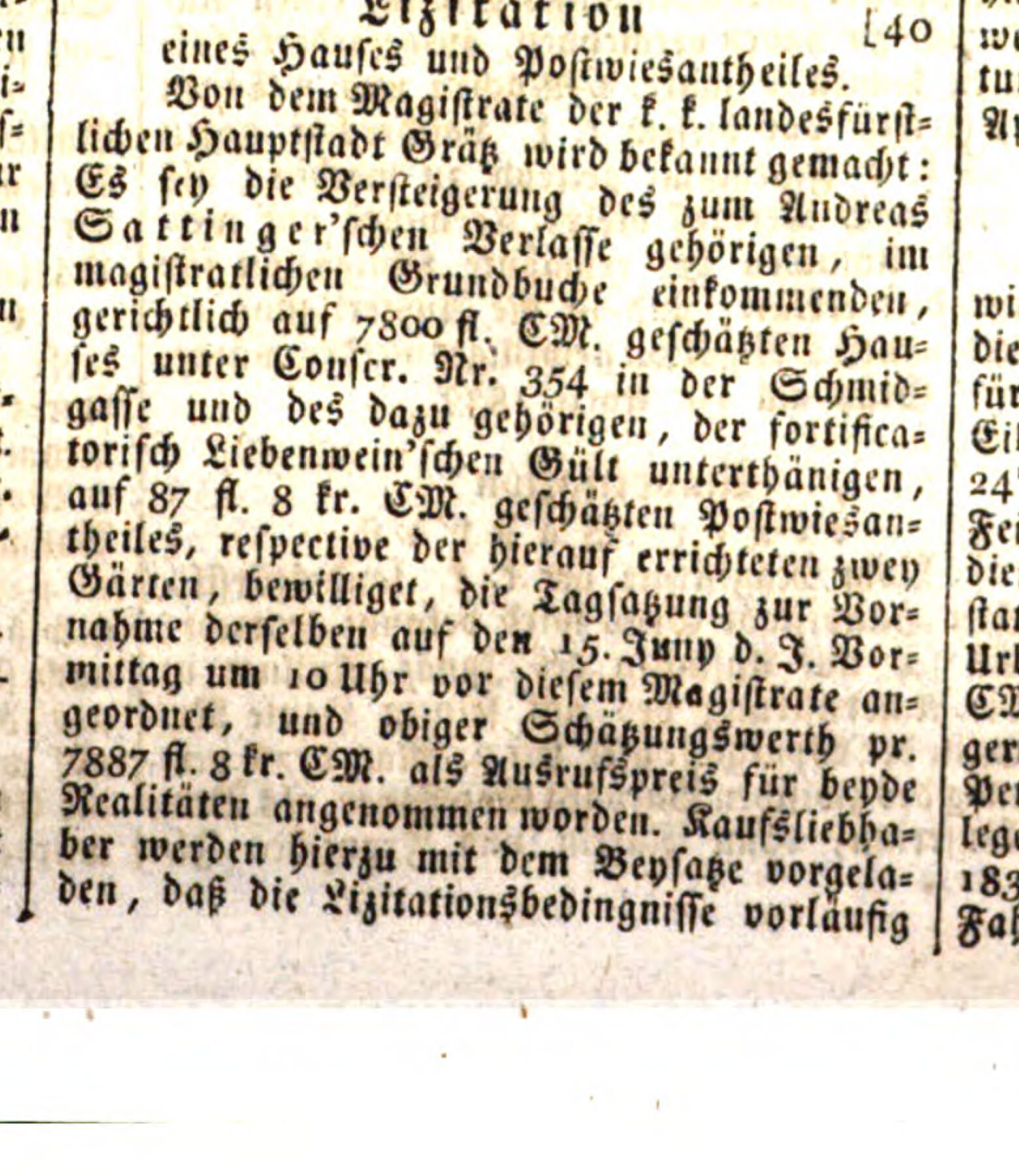 Grazer Zeitung 1833: Lizitation des Hauses Conscr. Nr. 354 in der Schmidgasse