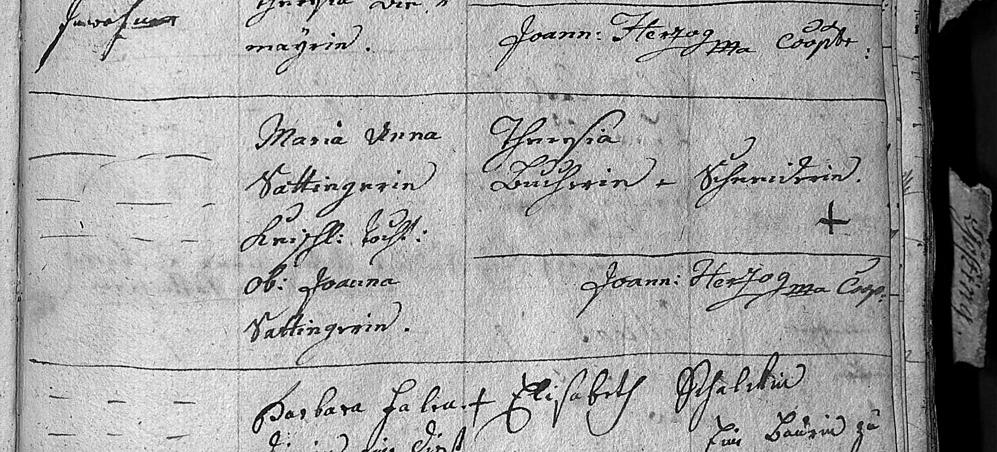 Taufbuch Kalvarienberg 1799: Mutter Maria Anna Sattingerin, ledige Greißlers Tochter, Hebamme Joanna Sattingerin