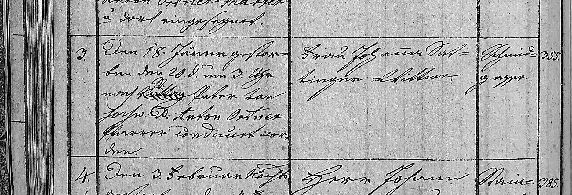 Sterbebuch Mariä Himmelfahrt 1827, Nr. 3: Frau Johanna Sattingerin Wittwe, Schmidgasse 355
