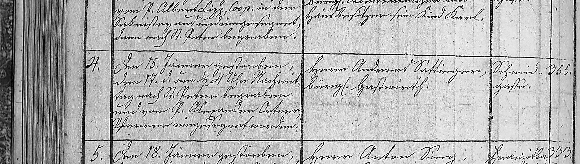 Sterbebuch Mariä Himmelfahrt 1833, Nr. 4: Herrn Andreas Sattinger, bürgl. Gastwirth, Schmidgasse 355