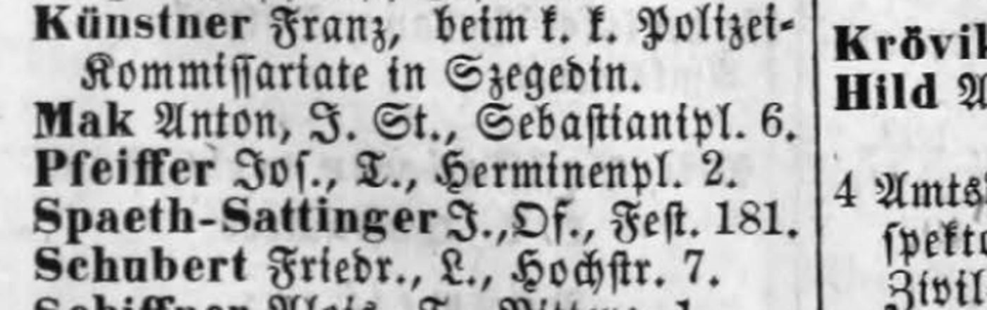 Pester Lloyd-Kalender 1859: Spaeth-Sattinger J., Of., Fest. 181., in der Liste der Polizei-Kommissäre