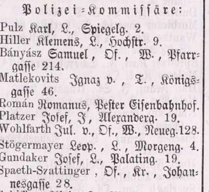 Pester Lloyd-Kalender 1867: Polizei-Kommissäre, Spaeth-Szattinger, Of., Kr., Johannesgasse 28