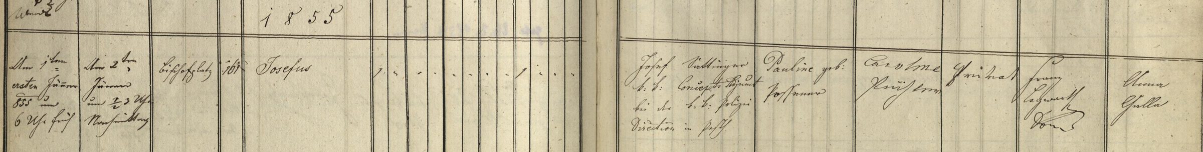 Taufbuch Graz-Dom 1855: Josefus, Bischofplatz 161, Vater Josef Sattinger, k.k. Concepts Adjunct bei der k.k. Polizei-Direction in Pest, Mutter Pauline geb. Poßener