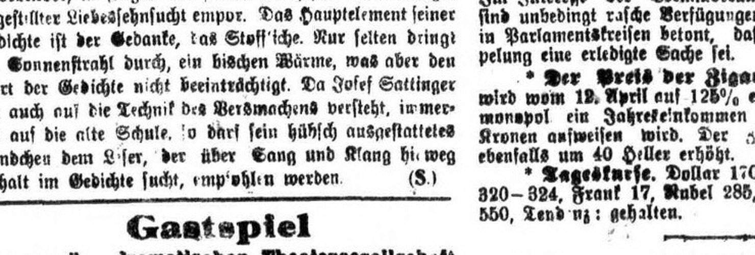 Temesvarer Zeitung 7. April 1920: Besprechung des Gedichtbands von Josef Sattinger