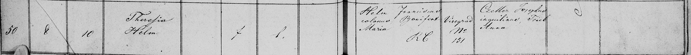 Taufbuch Visegrád 1861, Nr. 50: Theresia Helm, Helm Franciscus colonus, Bonifert Maria